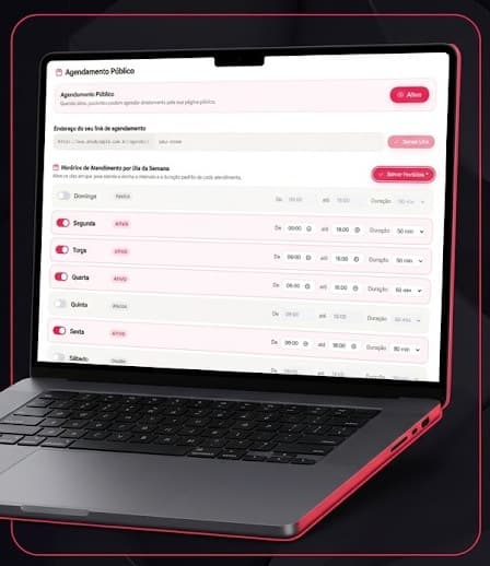 Configuração do link de agendamento, em um notebook: o endereço do link e os horários de atendimento por dia da semana, com dias ativos e pausados.