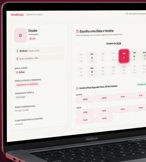A página de agendamento que o paciente vê, em um notebook: perfil do profissional, escolha de data no calendário e lista de horários livres.