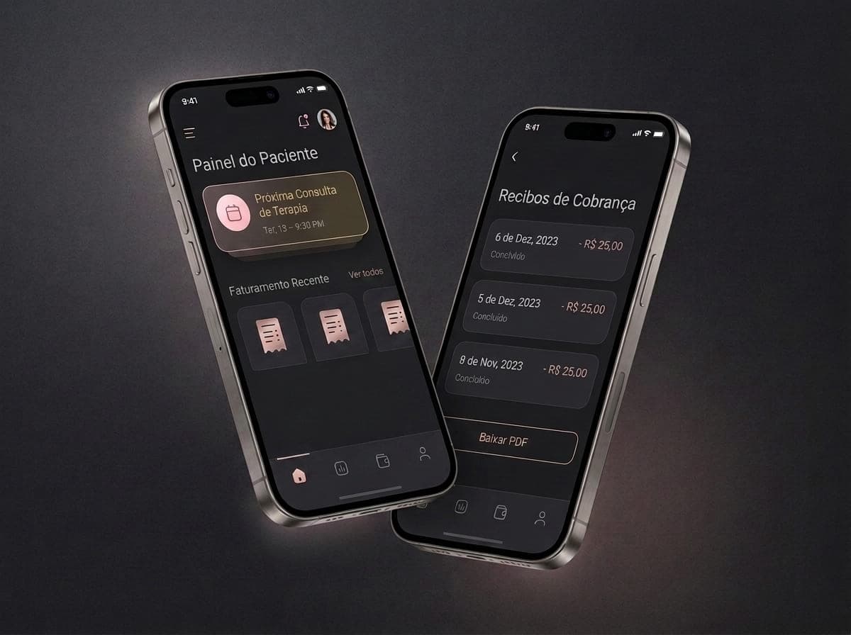 Portal do Paciente aberto em dois celulares: de um lado o painel com a próxima consulta, do outro os recibos de cobrança com opção de baixar em PDF.