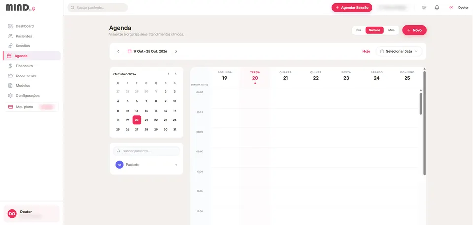 Tela de Agenda do Mind simple em visualização semanal, com calendário do mês, navegação entre datas e menu lateral com Dashboard, Pacientes, Sessões, Agenda, Financeiro, Documentos e Modelos.