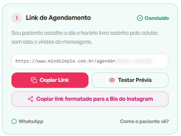 Cartão do link de agendamento no painel: o endereço público da página do profissional, com os botões Copiar link, Testar prévia e Copiar link formatado para a bio do Instagram.